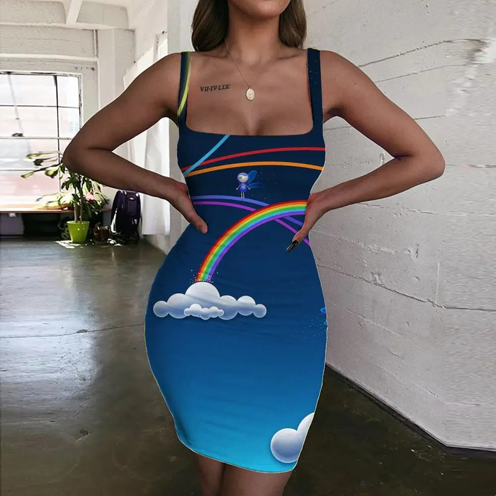 

SOMEPET Rainbow Dress Women Rainbow Abstraction Halter Sleeveless Funny Sundress Bee 3d Print Elf Ladies Dresses Womens Clothing