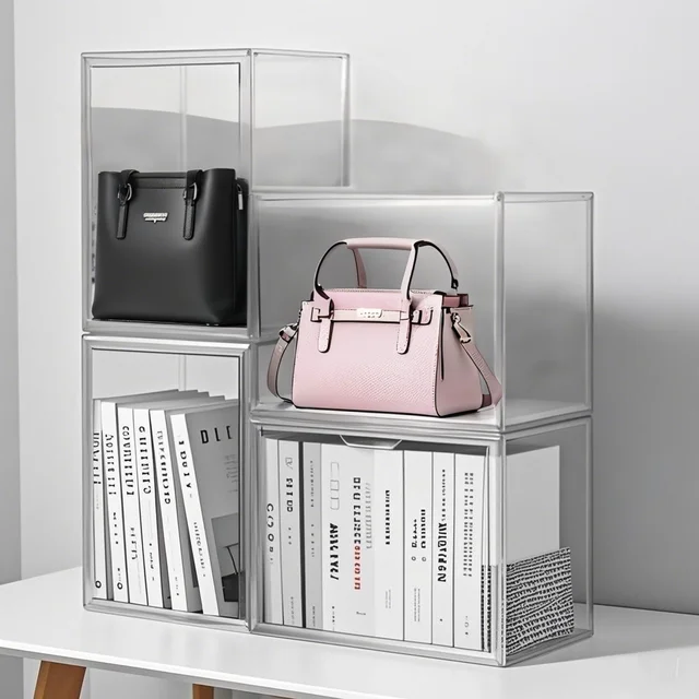 Clear Display Box Organizer Stackable with Magnetic Door Large Capacity Storage Box Purse  Showcase For Makeup Book Collectibles