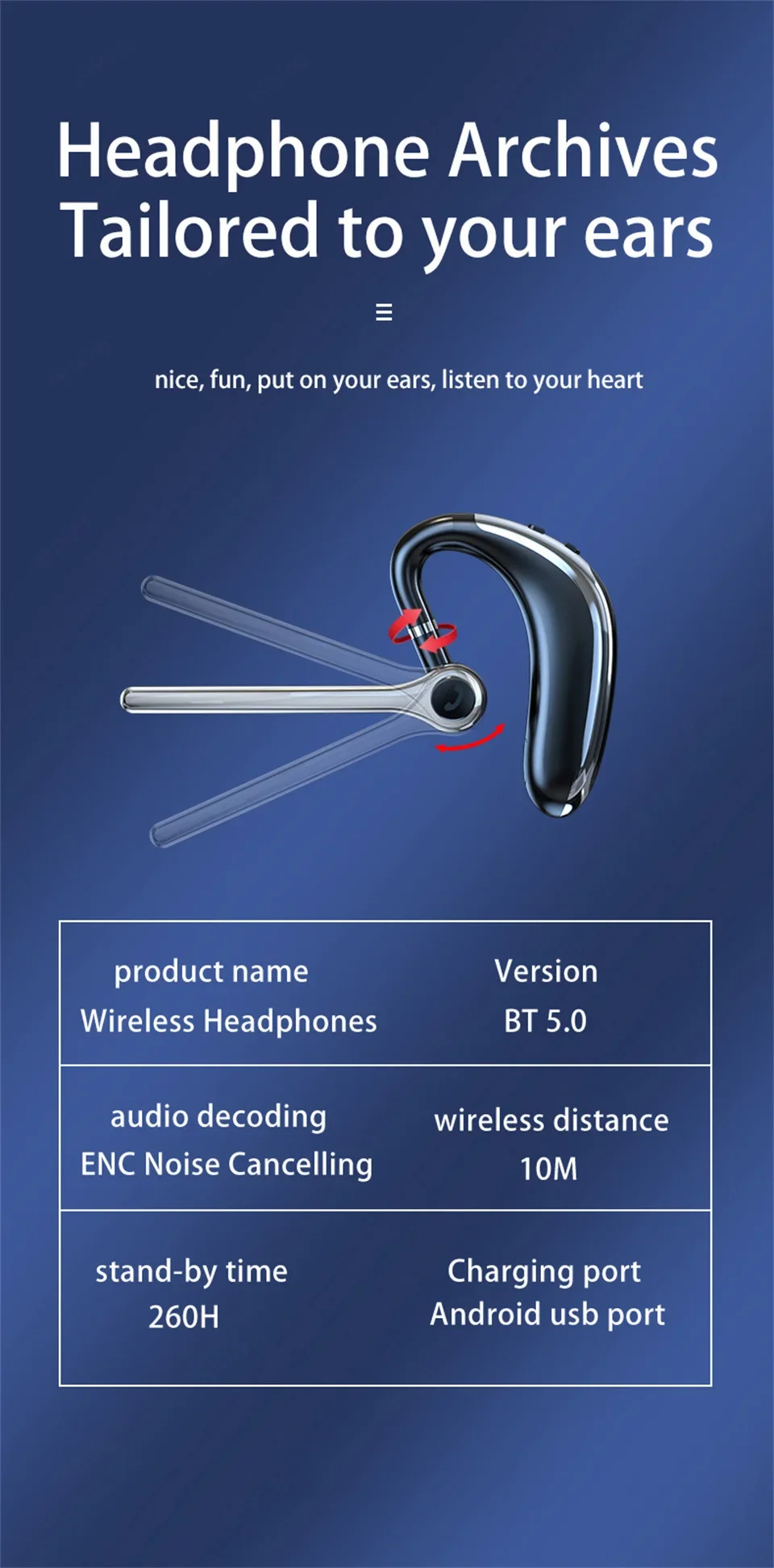 Wireless Headphones Single Ear Bluetooth Earphone With Microphon Noise Cancelling Talking Headset Busines Auriculares Driving