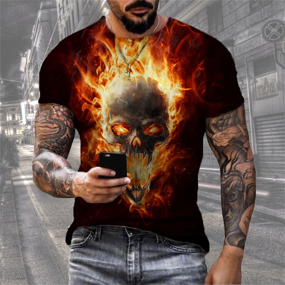 Mens 3D Skull T-Shirt - Black Gothic Short Sleeve Halloween Top