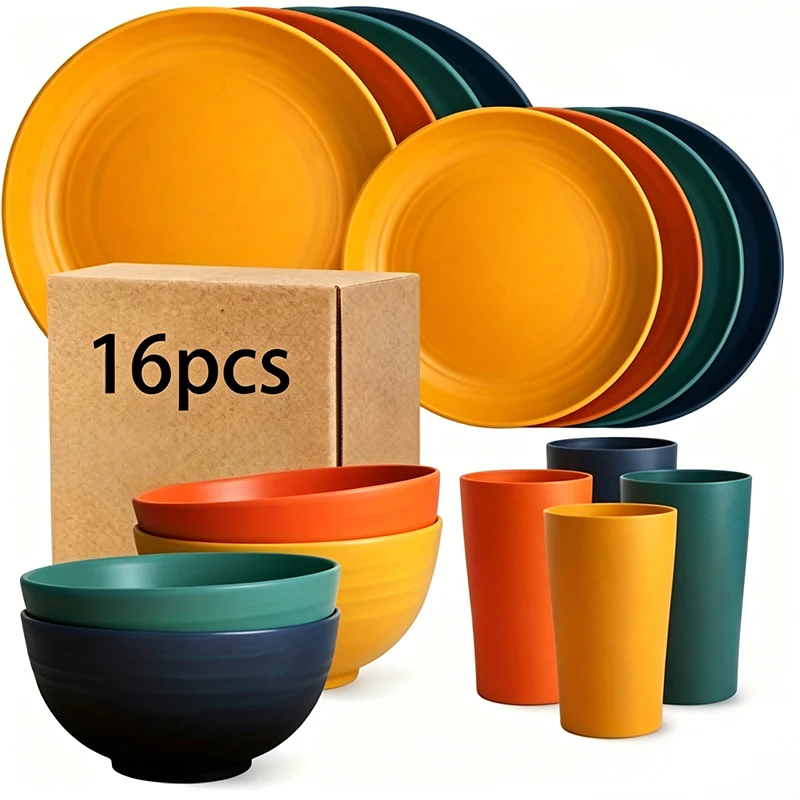 32/16pcs Wheat Straw Large Size Dinnerware Set, Service For 8/4, Kitchen Accessories, Unbreakable Modern Dish Set-Plate/Dessert Plate/Bowl/Cup, Dishwasher And Microwave Safe, Lightweight Tableware, Perfect Camping And Everyday Use, Gifts For Men 1