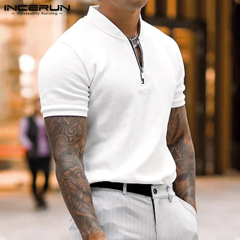 

Stylish Hot Sale Tops INCERUN New Men Zipper T-shirts Male Solid All-match Comfortable Knitted Short-sleeved T-shirts S-5XL 2023