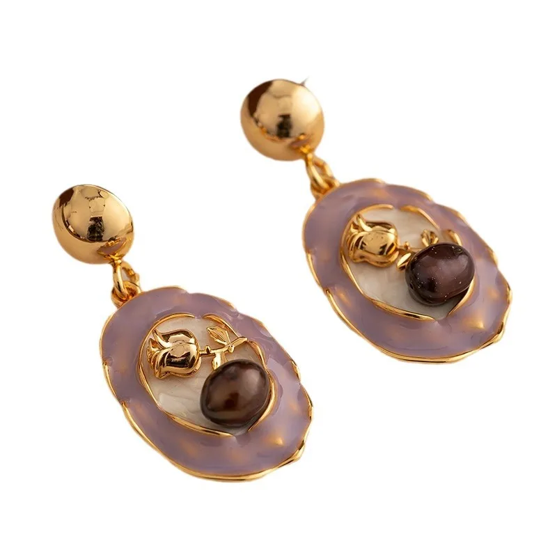 Light luxury medieval vintage natural freshwater pearl earrings for women