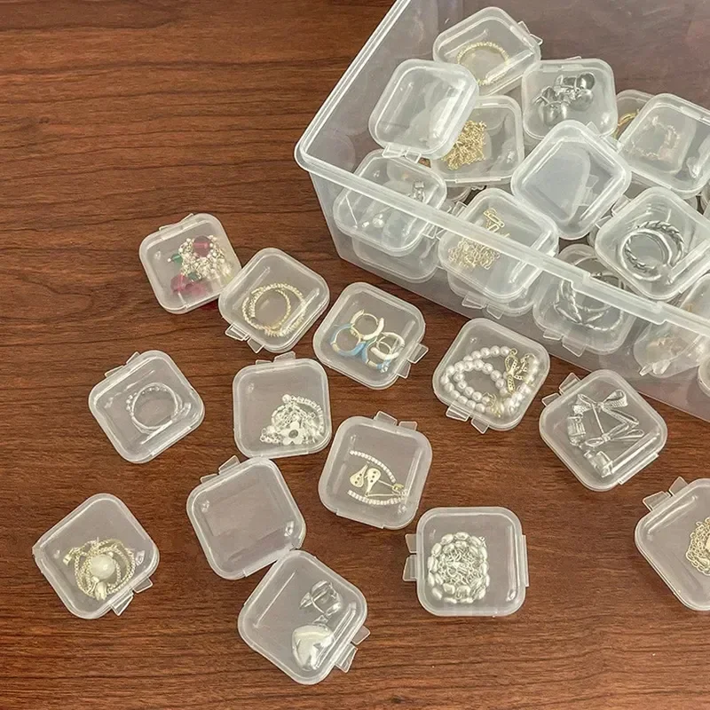 Mini Plastic Storage Box Square Transparent Flip Portable Pill Container Jewelry Holder Earrings Small Packaging Display Case 4