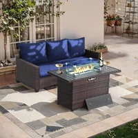 Outdoor Patio Sofa, 2-Piece Wicker Furniture Set with 3-Seater Sofa and Fire Pit Table, Patio Furniture with Anti-Slip Cushions 1