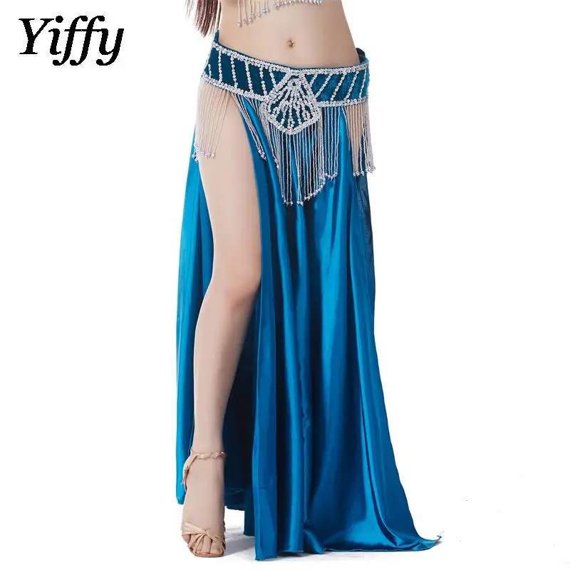 

New Pattern Belly Dance Big Swing Skirt Lady Shiny Double Split Sexy Long Skirt Adult Stage Performance Goddess Attire