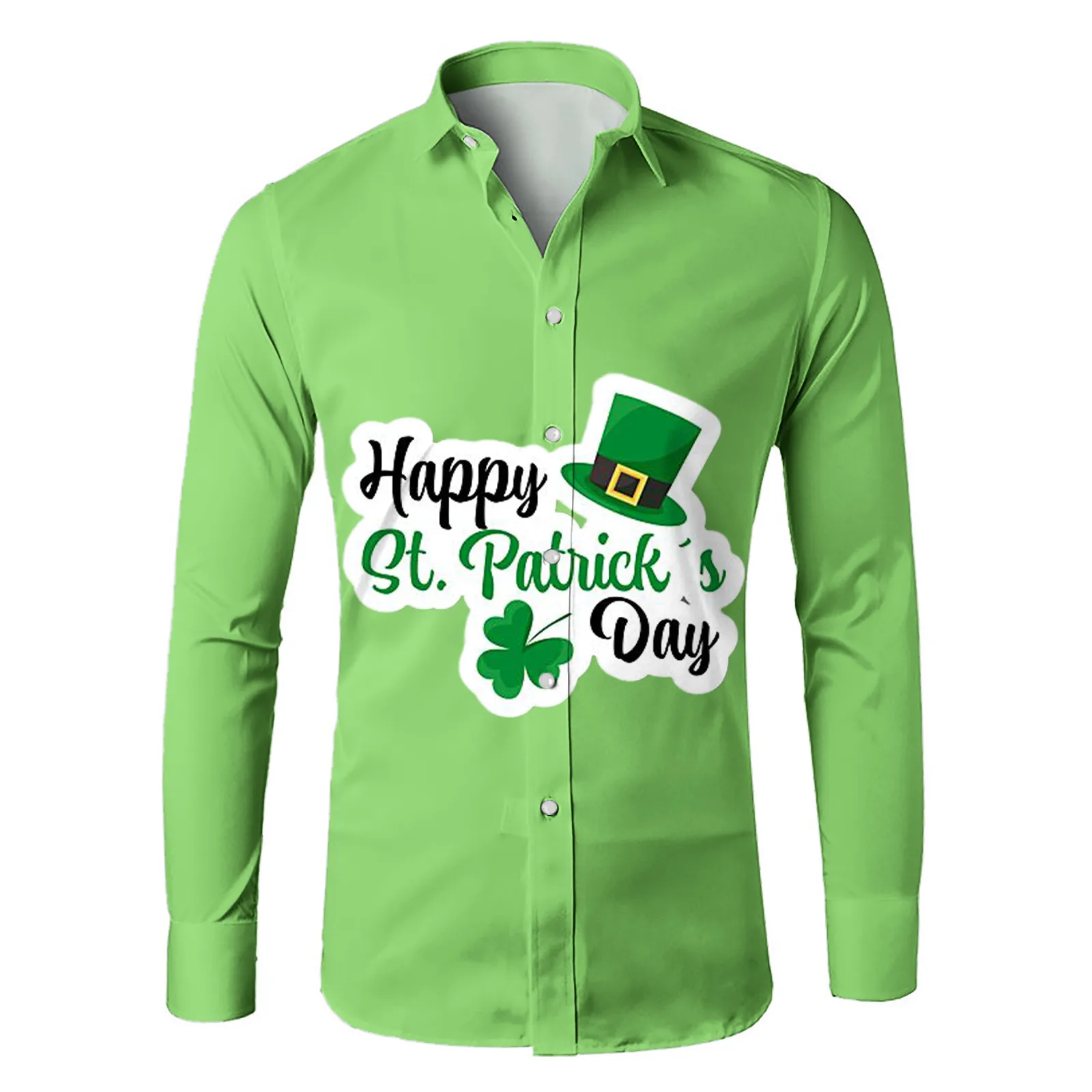 

Men'S Green Long Sleeve Shirts Fashion Irish Dwarf Clover Print Top Shirts St Patrick'S Day Casual Turndown Collar Button Tops