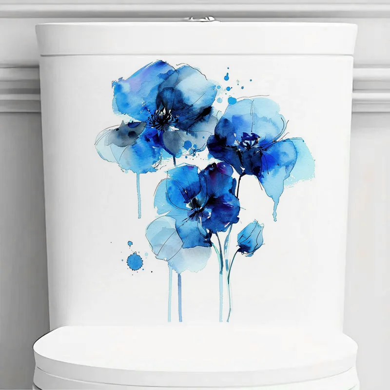 C1118# Various Blue Flowers Toilet Stickers, Bedroom Entryway Living Room Porch Home Decoration Wall Stickers, Removable Sticker