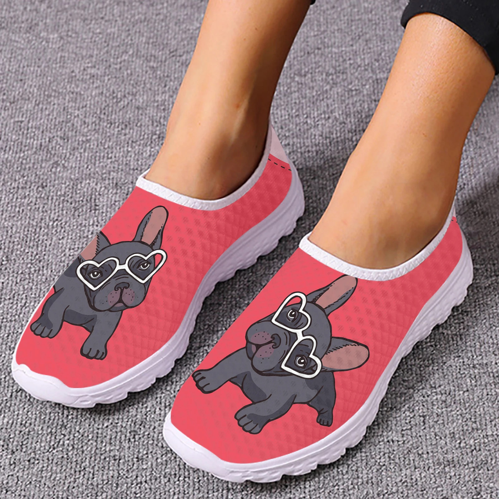 

INSTANTARTS Cartoon French Bulldog Design Brand Loafers Pink Breathable Summer Mesh Shoes Pet Dog Zapatos Planos De Mujer