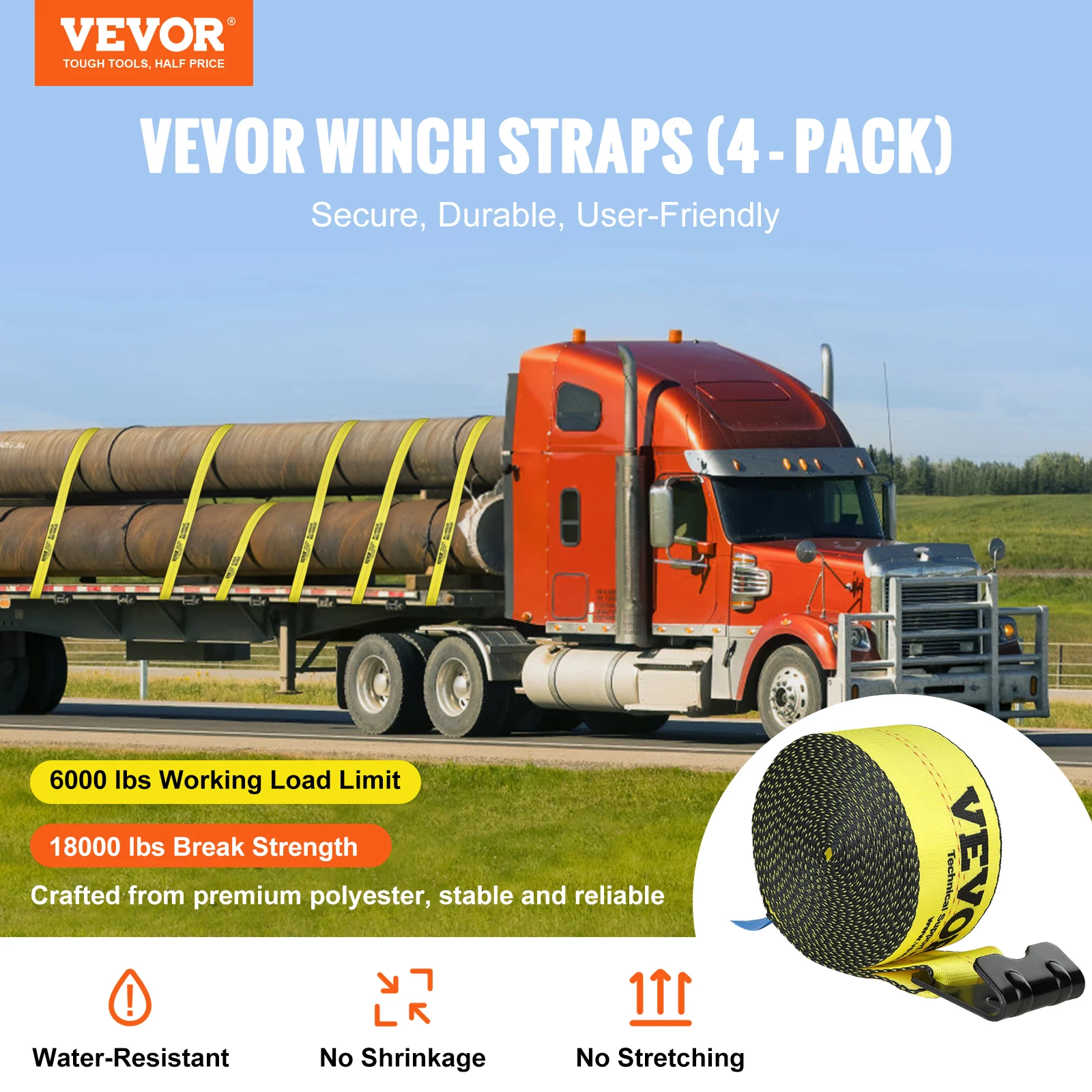 VEVOR 4/10 Pack Winch StrapsTruck Straps with Flat Hook Flatbed Tie Downs Cargo Control for Trailers Farms Rescues Tree Saver