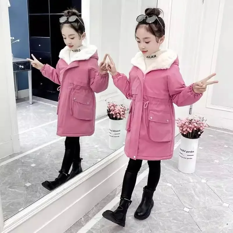 Drawstring fleece-lined thick cotton-padded clothes pink