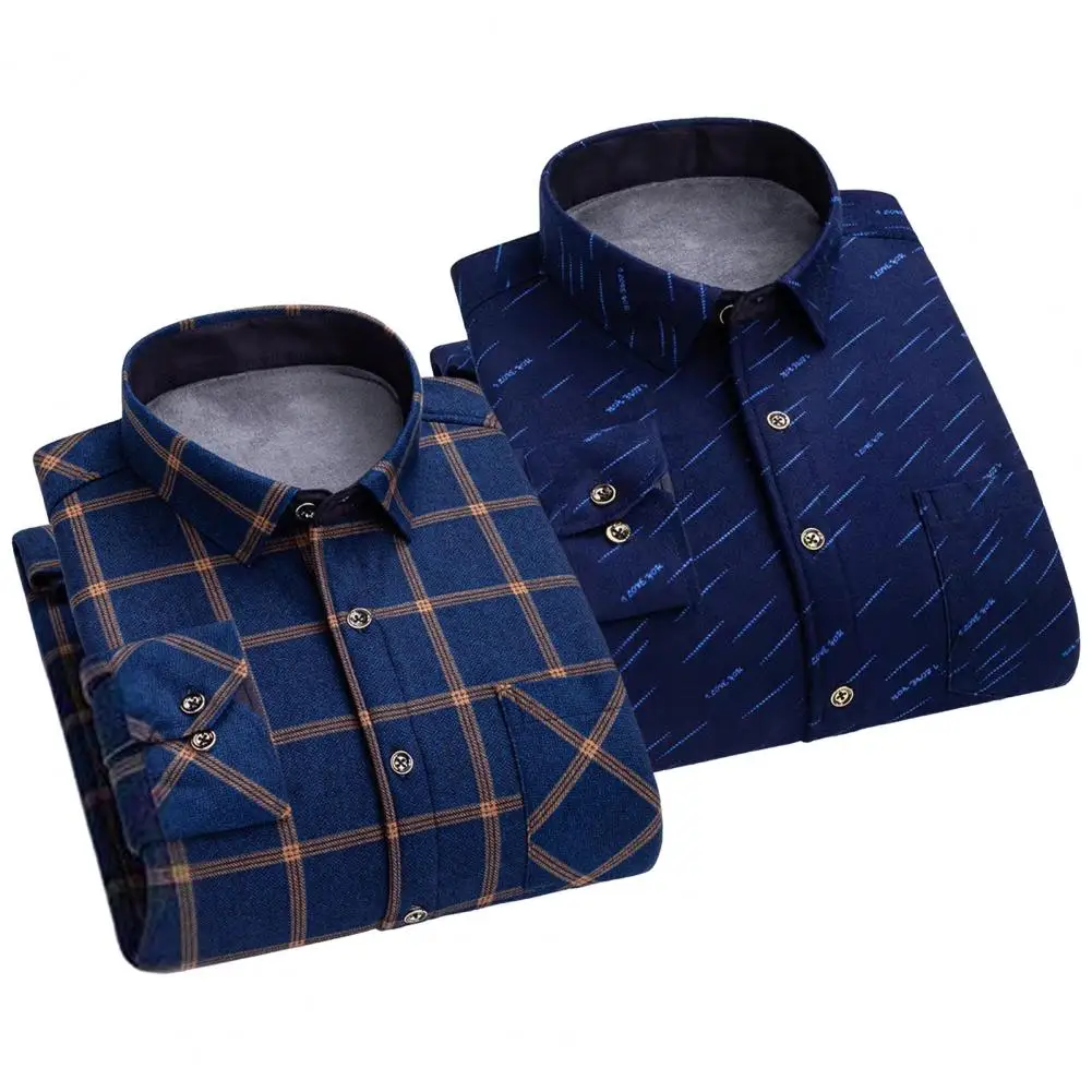 

Men Fleece Shirt Plaid Print Men's Cardigan Shirt with Turn-down Collar Long Sleeve Casual Mid Length Top for Fall Spring Warm