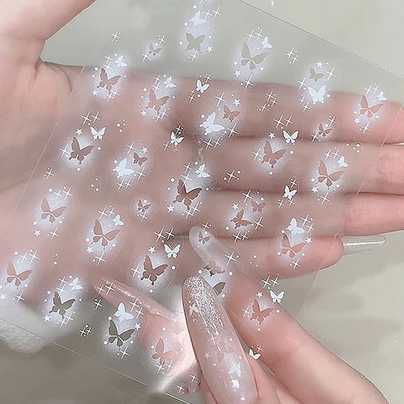 ? ? 1장의 속이 빈 스프레이 페인팅 별 나비 네일 스티커 투명한 흰색 오각별 네일 스티커 장식