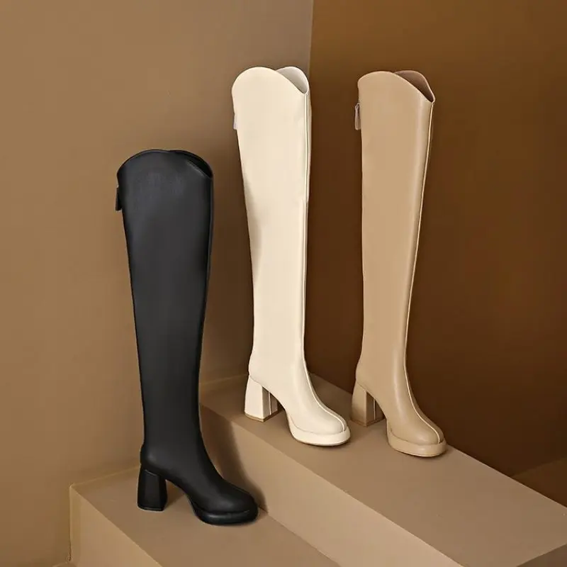 2024 Fashion Knee High Boots Women's Winter Boots New Thick High Heel Stretc Long Boots Slip On Autumn Shoes Woman Plus Size 43