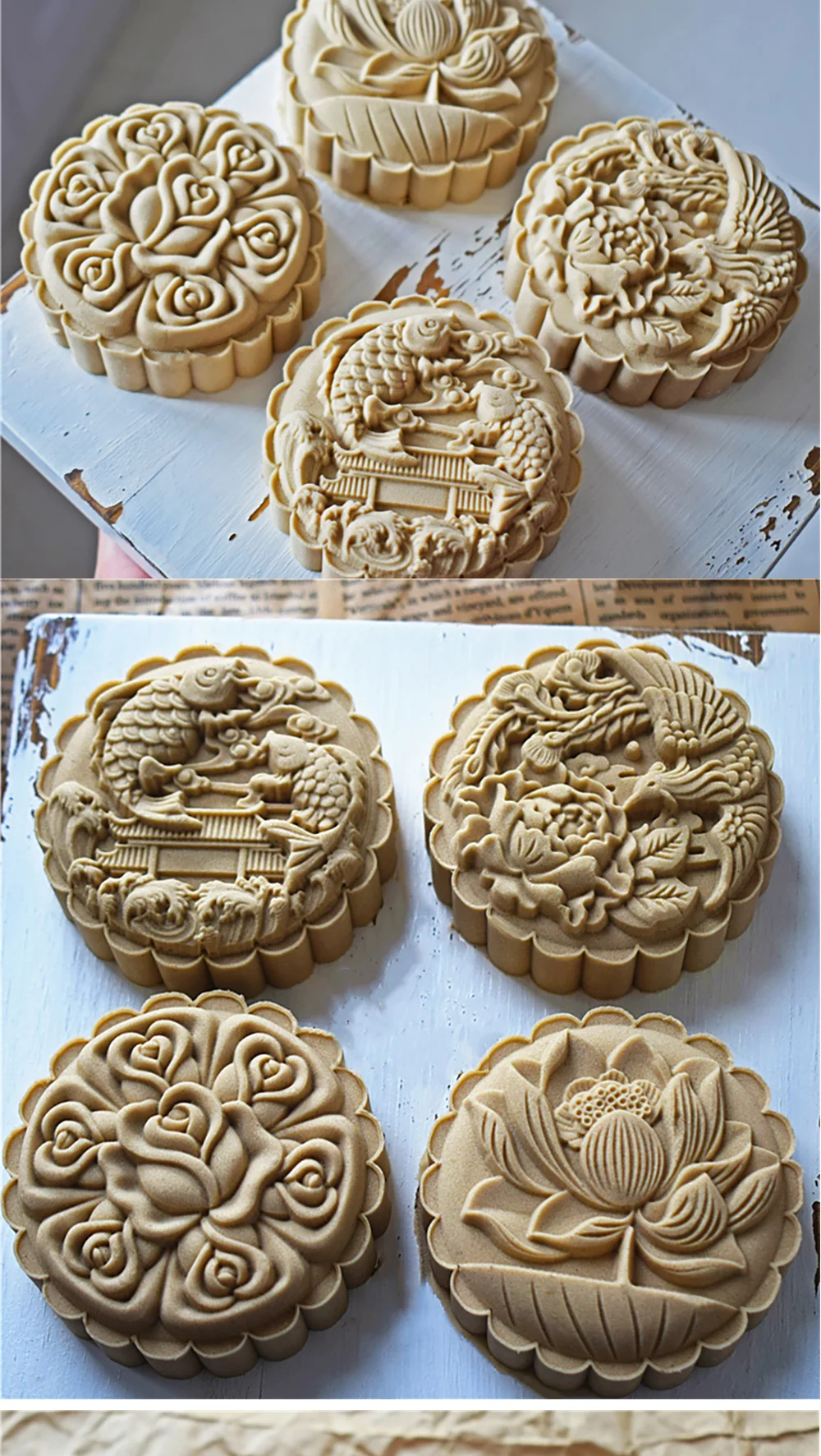 Description Picture 4 of item4Pcs/Set 200g Chinese Traditional Big Gram Moon Cake Mold Love Lotus Fish Dragon Dessert Pastry Stamp Hand Press Plunger Bakewar