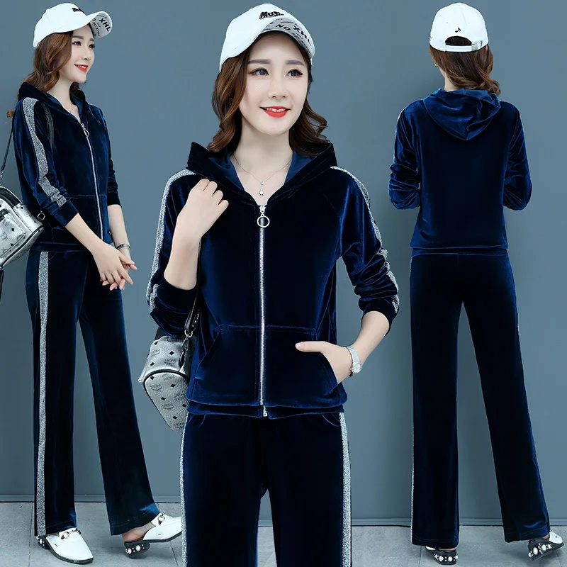 Korean Casual Golden Velvet Sports Suit Women'S 2023 New Autumn Winter Fashion Trend Temperament Straight Pants Two-Piece Set elmsk american striped sports hot pants summer nordic edition trendy high waist casual running loose pants straight leg versatil