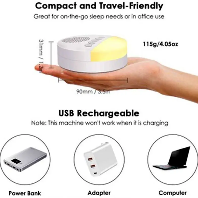 2 in 1 White Noise Machine Nature Soothing Sounds Therapy for Baby Adult Sleeping Relaxation USB Rechargeable Timed Shutdown Sleep Aid Device