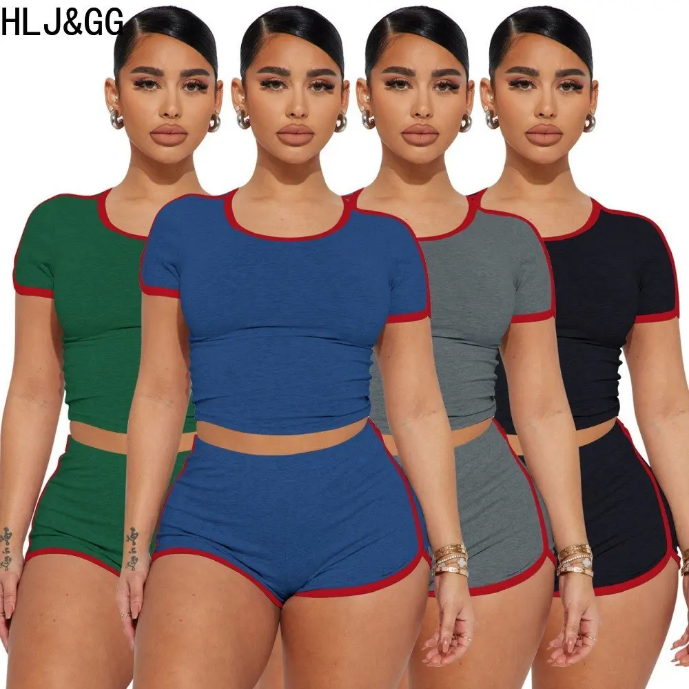 HLJ&GG Fashion Patchwork Color Short Sleeve Tops+Shorts 2peice Suits for Woman Summer Solid Round Neck Sportysuit 2pcs Sets New