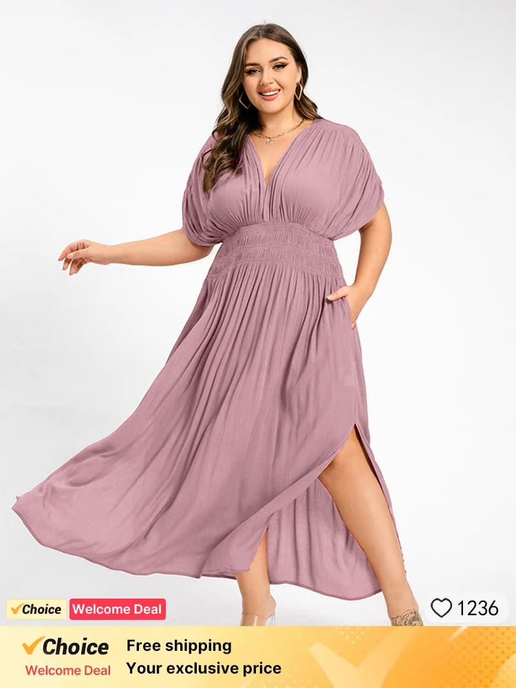 

Plus Sized Clothing 2024 New Women's Fashion V-Neck Batwing Sleeve Pocket Ruched High Waist Slit Split Dress Elegant Party Dress