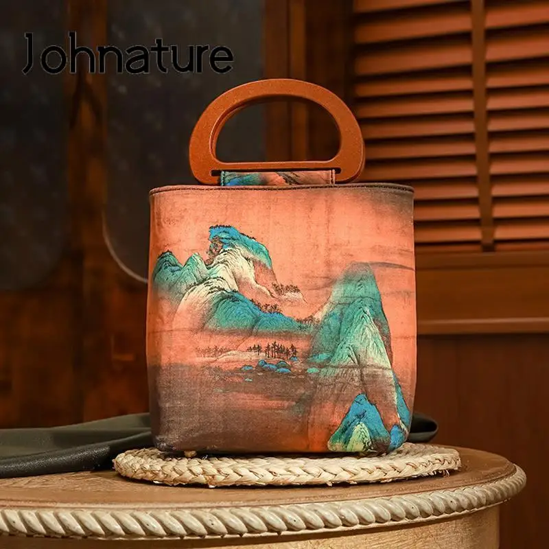 

Johnature Antique Cheongsam Printed Handbag 2022 New Vintage Versatile Wooden Handle Hasp Women Small Portable Bag