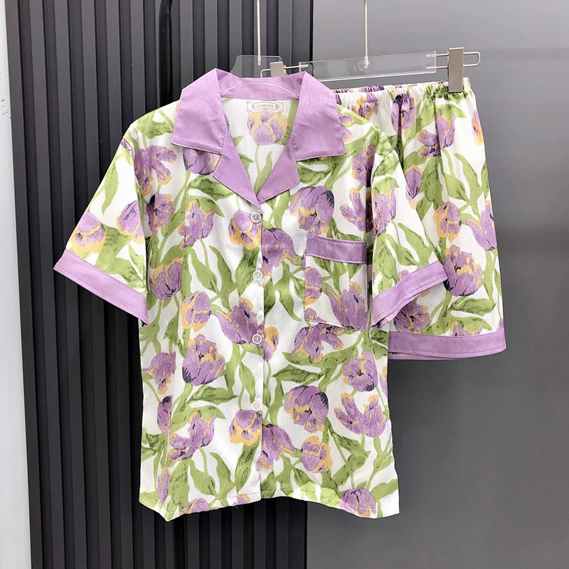 Summer Women Girl Fashion Flower Short Pajamas Sets Faux Silk Sleepwear Home Clothes