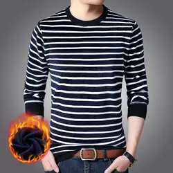 Men's Autumn Winter Round Neck Solid Flocking Screw Thread Striped Long Sleeve Sweater Knitted Undershirt Casual Loose Tops