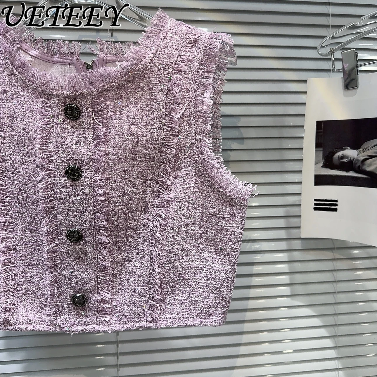 Summer New Fashion Sleeveless Short Coat Burrs Tassels Tweed Waistcoat Vest and A-line Mini Skirt Outfit Women's Two Piece Set