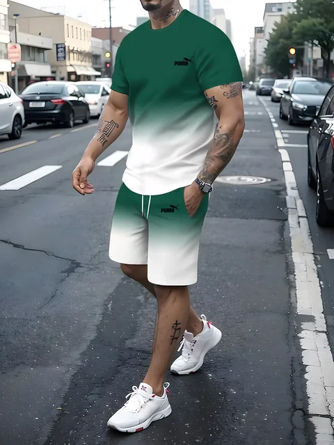 New Men's Sportswear Fitness Set Running Casual T-Shirt Shorts Set Breathable Jogging Sportswear 2piece Gradual Change Suit Pumn 2