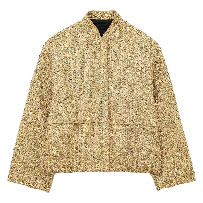 thumbnail image 1 of HH TRAF Chaqueta corta con lentejuelas de otoño para mujer, chaqueta bomber informal holgada de manga larga con bolsillos y brillantes, abrigos de moda para mujer, 1 of 5