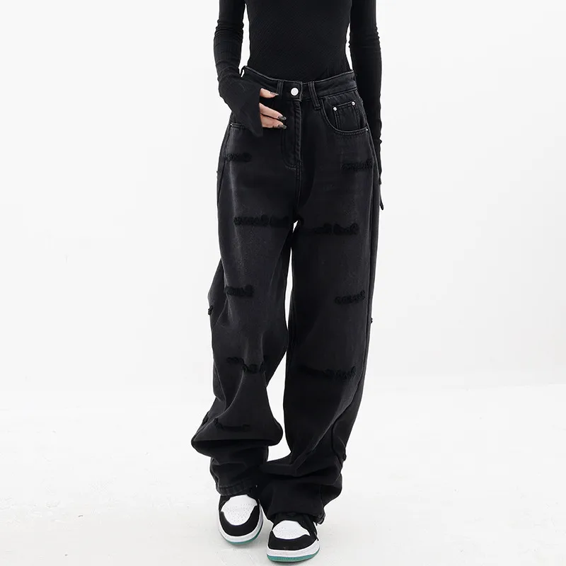 Autumn Y2K Vintage Mopping Baggy Jeans Women Streetwear High Waist Loose Wide Leg Straight Retro Moustache Effect Denim Trousers