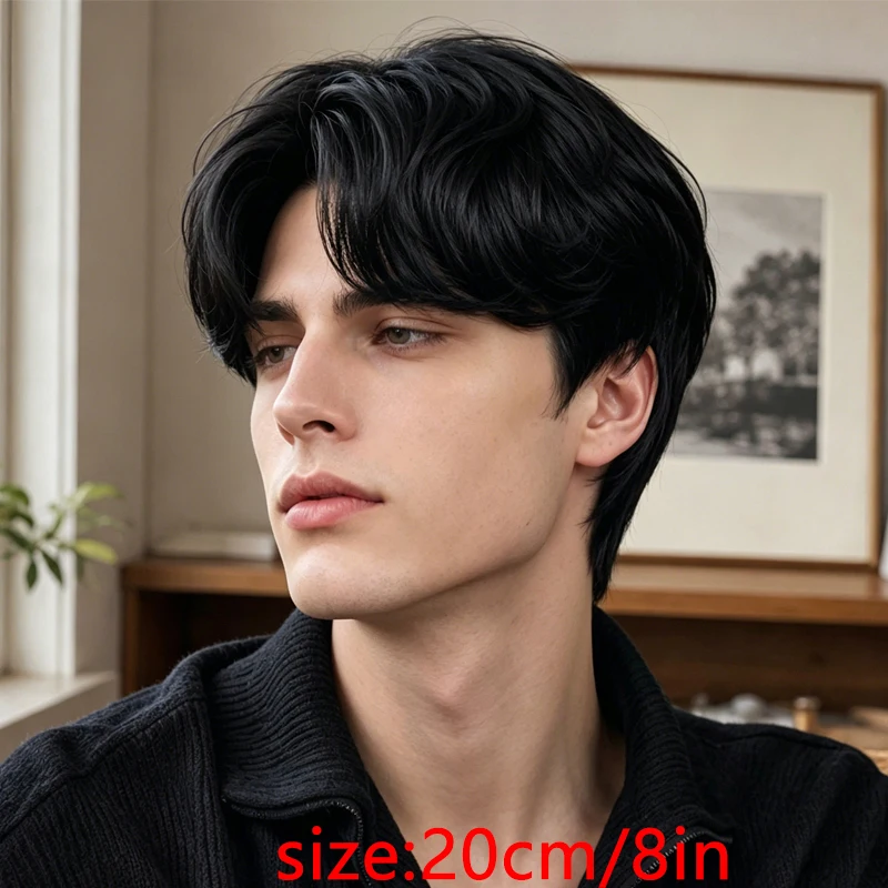 Synthetic material 8-inch black men's wig, natural layered short hair, creating a youthful everyday look. - 5
