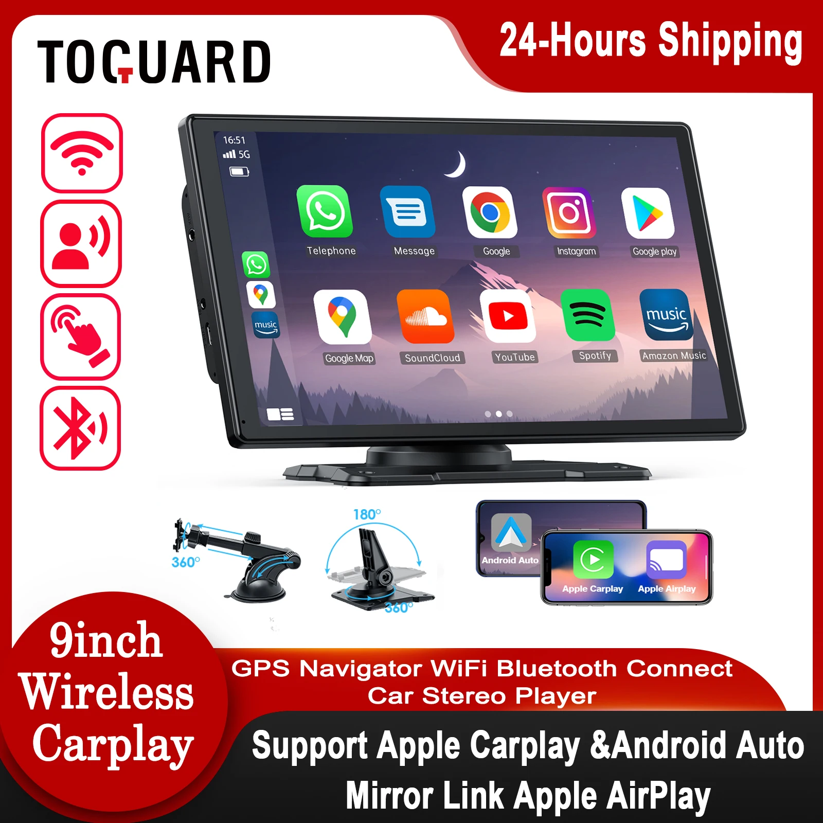 Toguard 9 Pollici Car Stereo Carplay Player Wireless Apple Mirror Link E Android Auto Car Screen Displayer Touch Screen Gps Wifi Bt