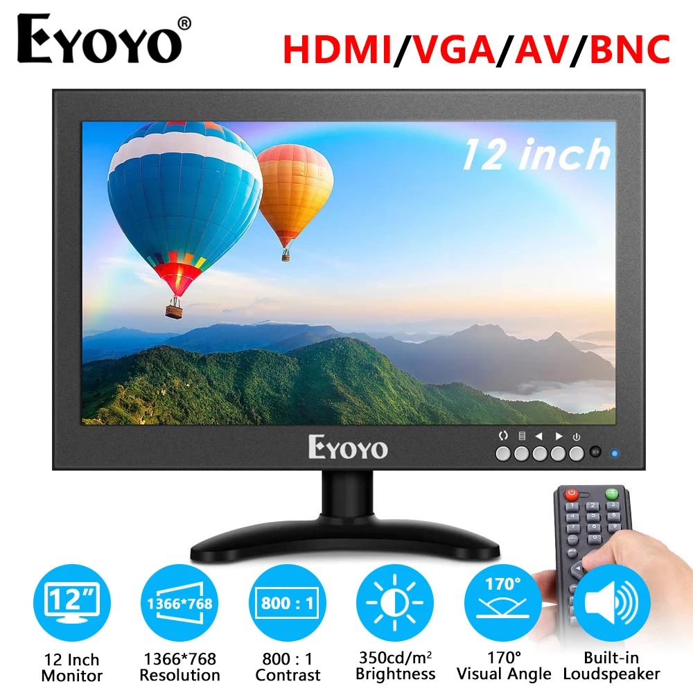 

Eyoyo EM12X Small CCTV Monitor 1366x768 IPS Metal Housing 12" LED Screen With Wall Bracket&Remote Control,HDMI/VGA/AV/BNC Input