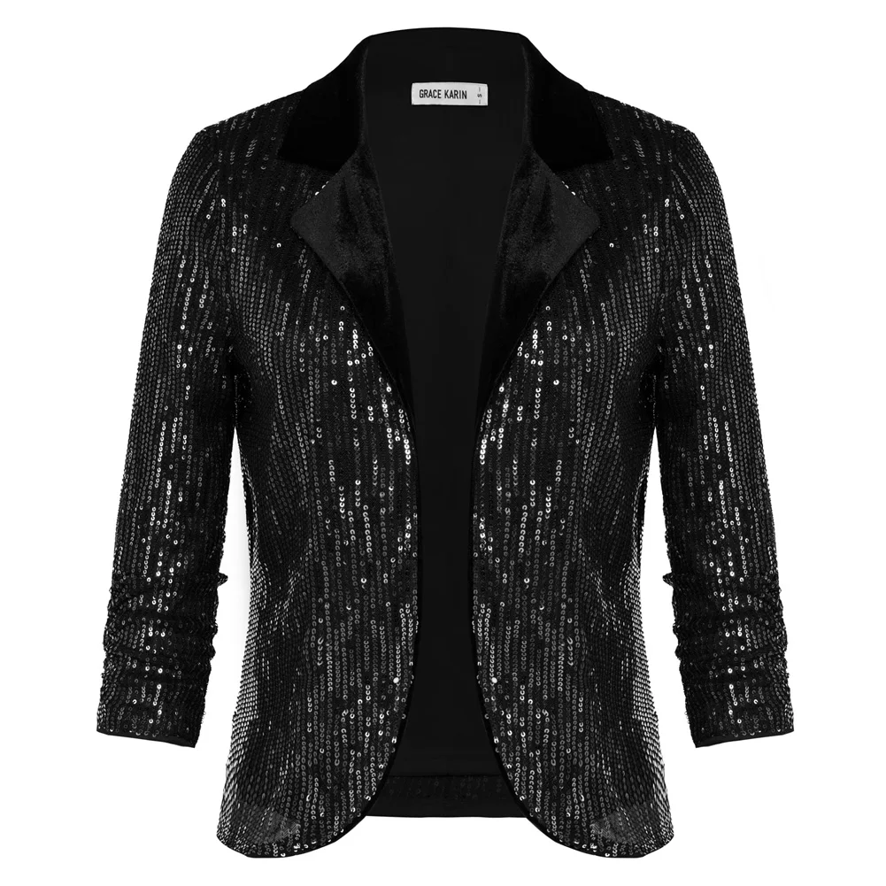 GK Women Sequined Party Blazer Coat 3/4 Sleeve Lapel Collar Open Front Coat Business Casual Blazer Jacket A30