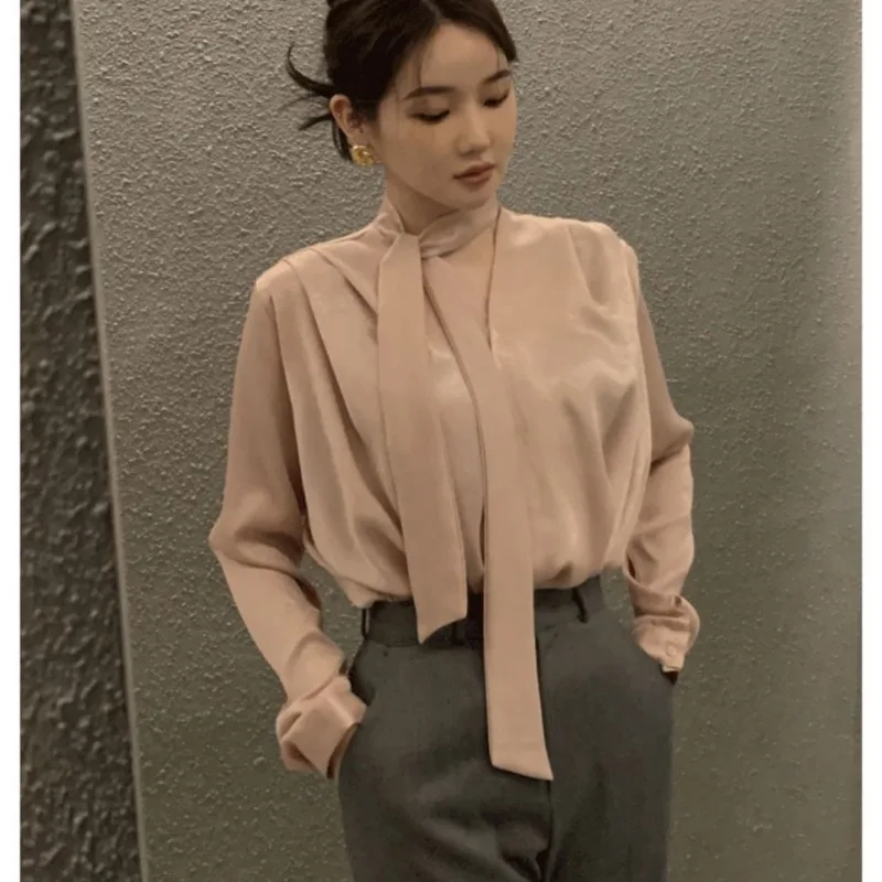 2024 New High-end Anti-wrinkle Lace-up Acetic Acid Satin Shirt Women Spring Autumn Lace-up Ribbon Tie French  V-neck Shirt