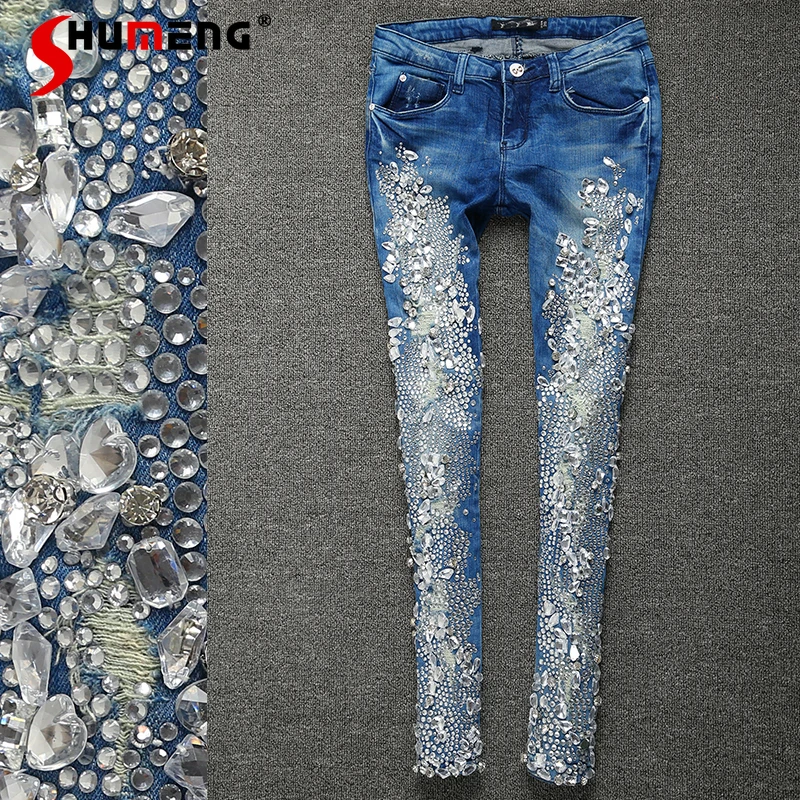 European Station 2023 New Hand-Stitched Diamond Inlaid Bright Crystal Tight Stretch Fashion Skinny Jeans Women's Trousers