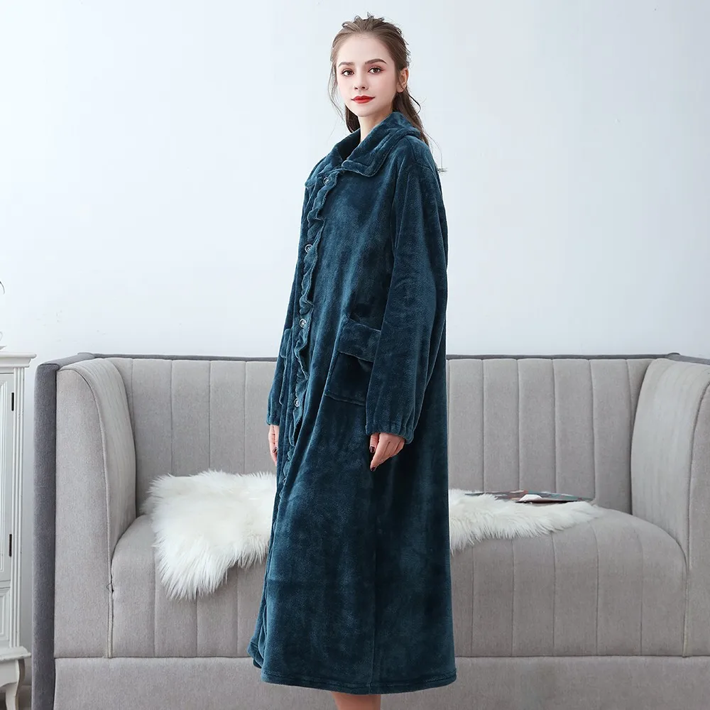 Autumn Winter Long Flannel Bathrobe Home Wear Clothes Dressing Gown Women's Coral Fleece Soft Nightdress Warm Bath Robes