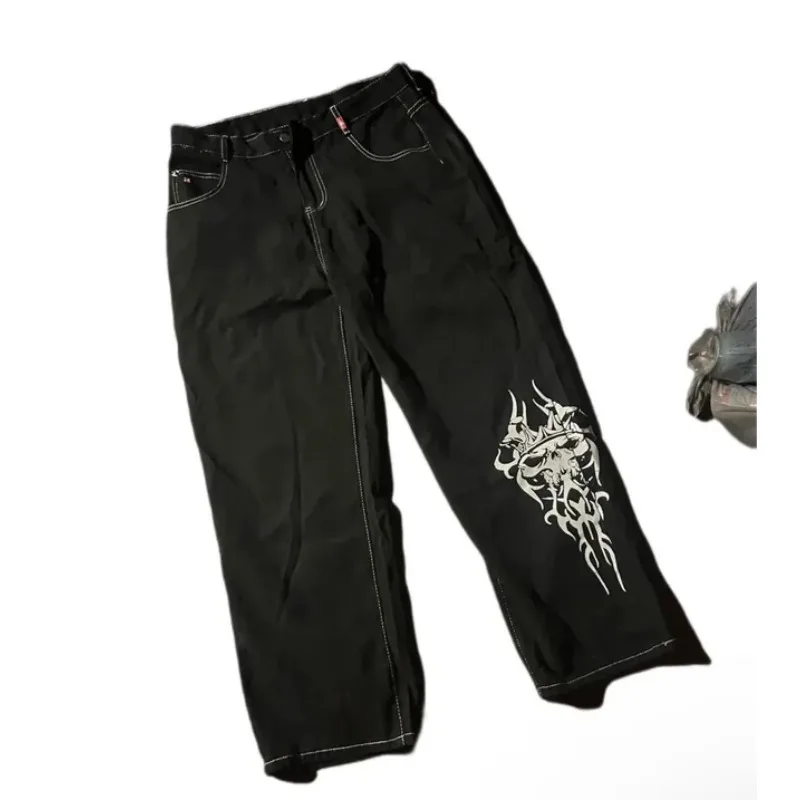 Men Jeans Rock and Roll Y2k Street Wide Leg Pants Streetwear The New Skull Print Hip Hop Casual and Loose Baggy Men's Clothing houzhou y2k street fashion jeans hip hop women vintage letter print large baggy jeans new harajuku casual gothic wide leg pants