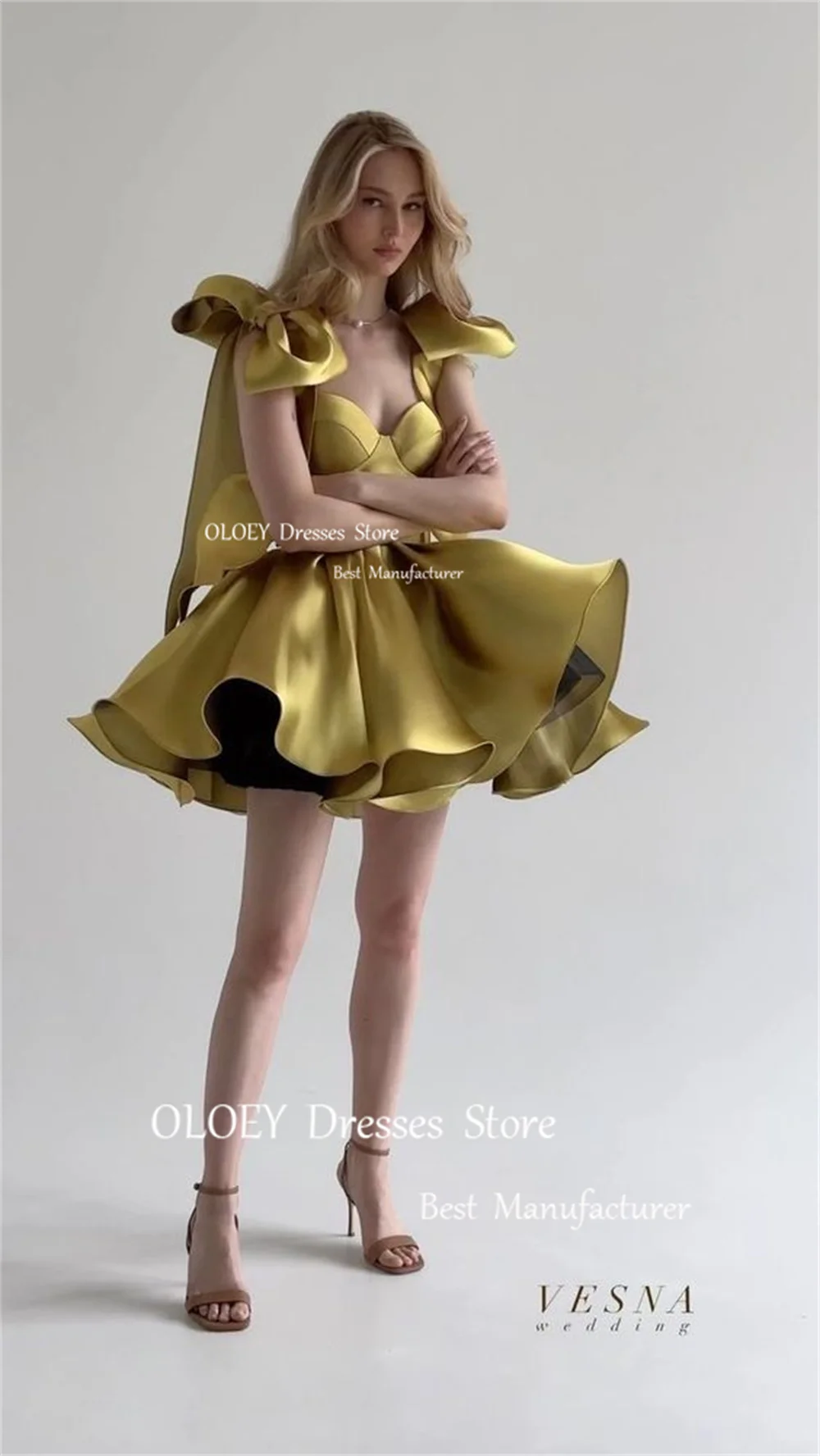 Evening dresses Cocktail dress OLOEY Sexy Sweetheart Mini Prom Cocktail Dresses Ribbon Bow Sleeves Pleated Satin Evening Dress Wedding Party Dress