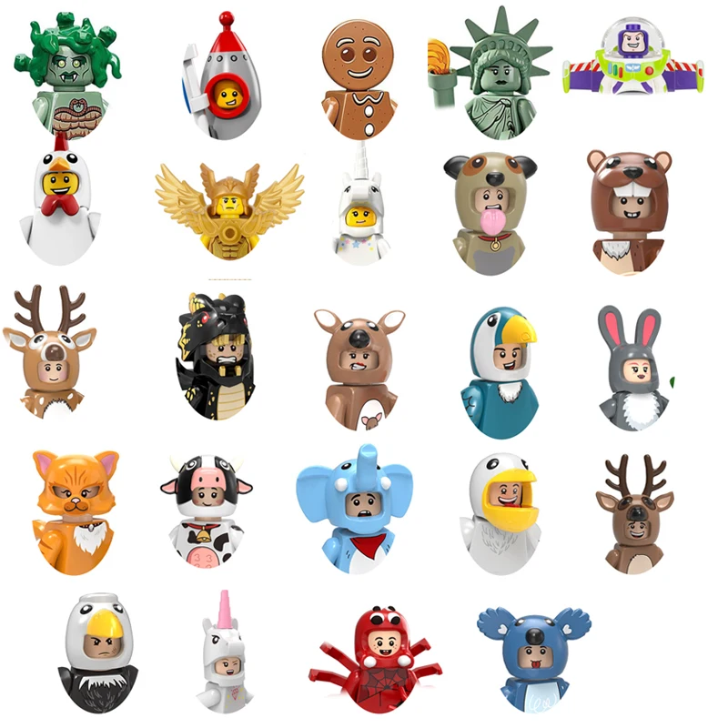 Chicken Unicorn Panda Fun Figure Head Statue Of Liberty Graduate Golden Saint Medusa Gingerbread Man Building Blocks Model Toys