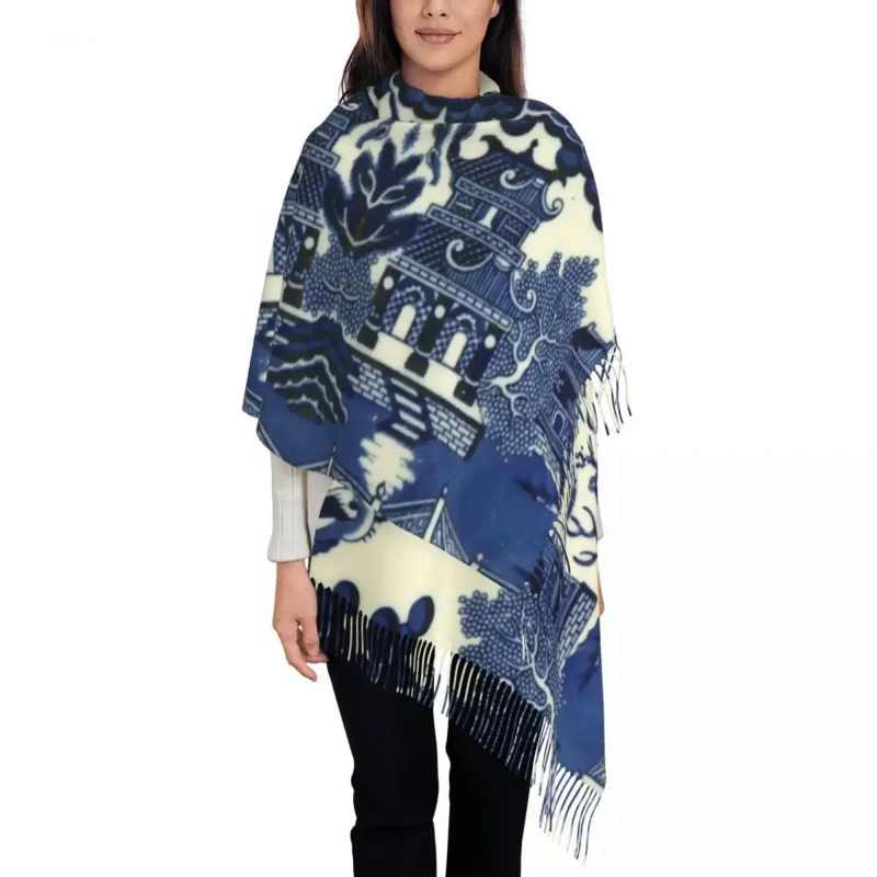 

Fashion Antique Willow Ware Oriental Toile Tassel Scarf Winter Fall Warm Shawls Wraps Lady Blue Delft Chinoiserie Pagoda Scarves