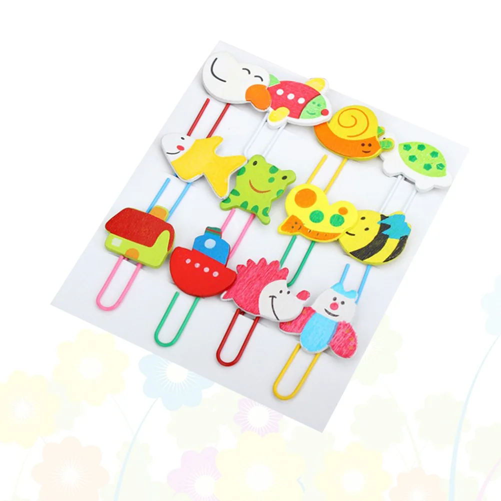 

12pcs Paperclips Cartoon Animals Wooden Wood Paper Clip Note Mark Bookmark Stationery Gift for Children Kids (Mixed Styles)