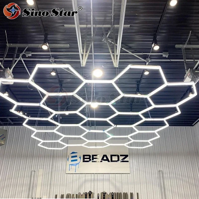 

3.8x4.6m 25-hex Hot Sale Auto Garage Detailing Lamp Cool White 100v-240v General For Car Workshop Hexagonal Cell Ceiling Light