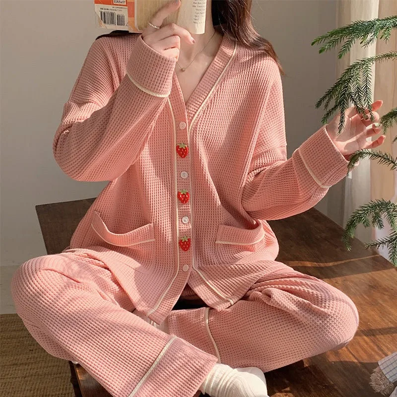 2024 New Sweet Women Pure Cotton Pajamas Spring Autumn Female Waffle V-neck Long Sleeve Homewear Suit Casual Loose Sleepwear