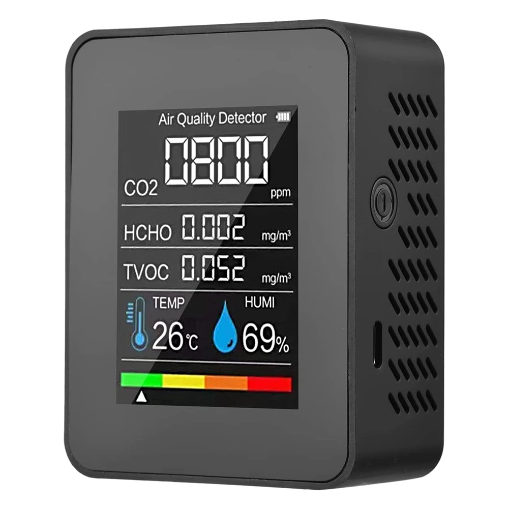 

5 in 1 Air Quality Monitor TVOC HCHO Temperature Humidity CO2 Meter USB Rechargeable CO2 Detector Black
