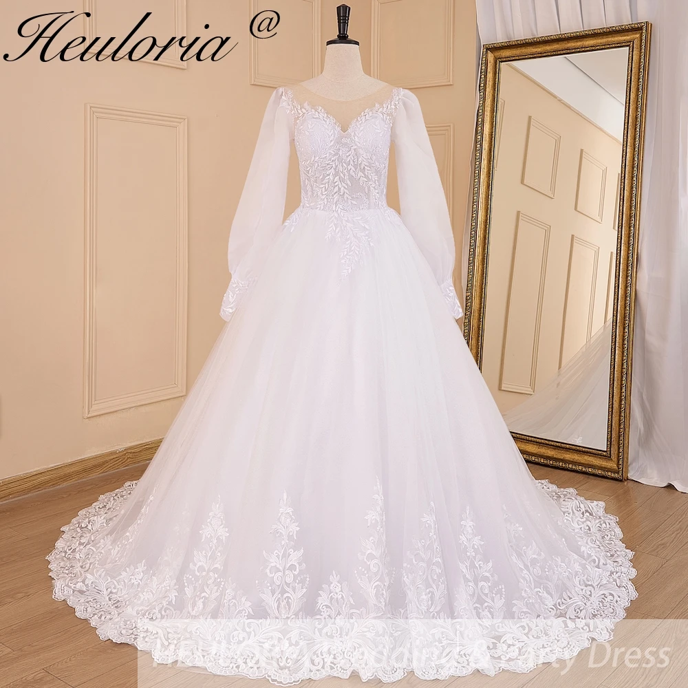 

HEULORIA elegant Princess wedding dress long puff sleeve lace applique bride dress Robe De Mariee Wedding Bride Dress long train