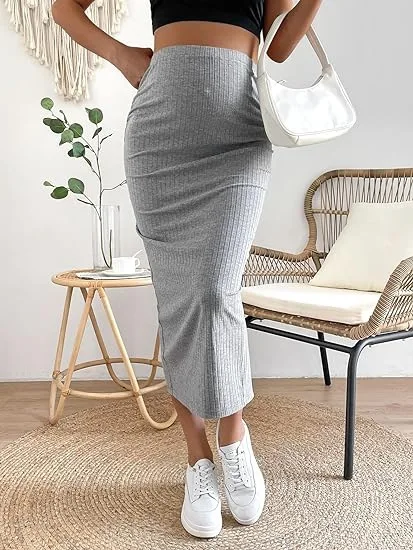 High Waist Maternity Women Casual Skirts Solid Ribbed Long Pregnancy Pencil Skirt For Premama Slim Belly Clothes Half Skirts New