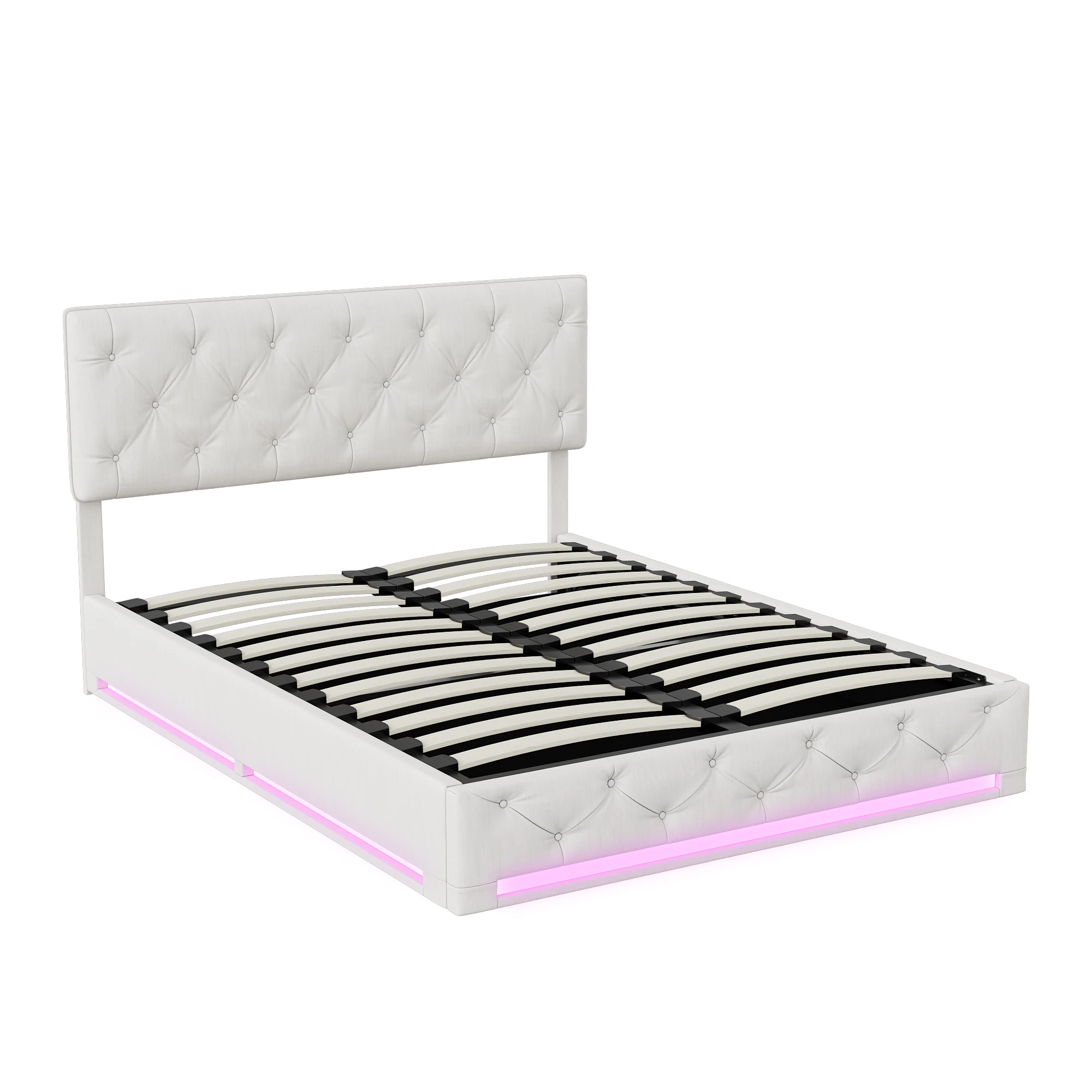 Rosahqnda Polsterbett mit LED, Doppelbettgestell 140–160 x 200 cm, verstellbares Kopfteil, Stauraumbett, Jugendbett, Leinen, Weiß – Detail 12