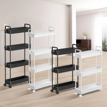 Carrello portaoggetti a 3/4 livelli con ruote, carrello con ganci, facile montaggio, per bagno, cucina, ufficio, nero/bianco 1