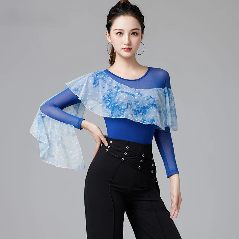 

Топ для современных бальных танцев, костюмы для тренировок, новинка 2023, Женский Осенний сетчатый комбинезон для латиноамериканских вальсов с длинными рукавами